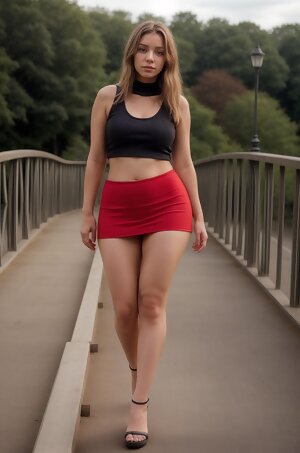 ai created woman in a black top and a red skirt is walking across a bridge in a black top and a red skirt is on the other side of the with a black and white top and a black and white railing