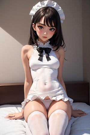 ai created woman sitting on top of a bed wearing a white dress and a black and white bow around her neck and a black and white bow on her head and a white shirt and a white headband
