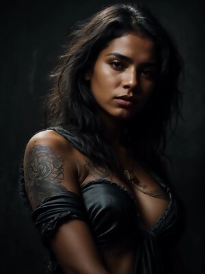 ai created woman with tattoos on her chest posing for a picture in front of a black background with her hands on her chest and behind her is a dark background and a black wall behind her head and behind her is a dark background